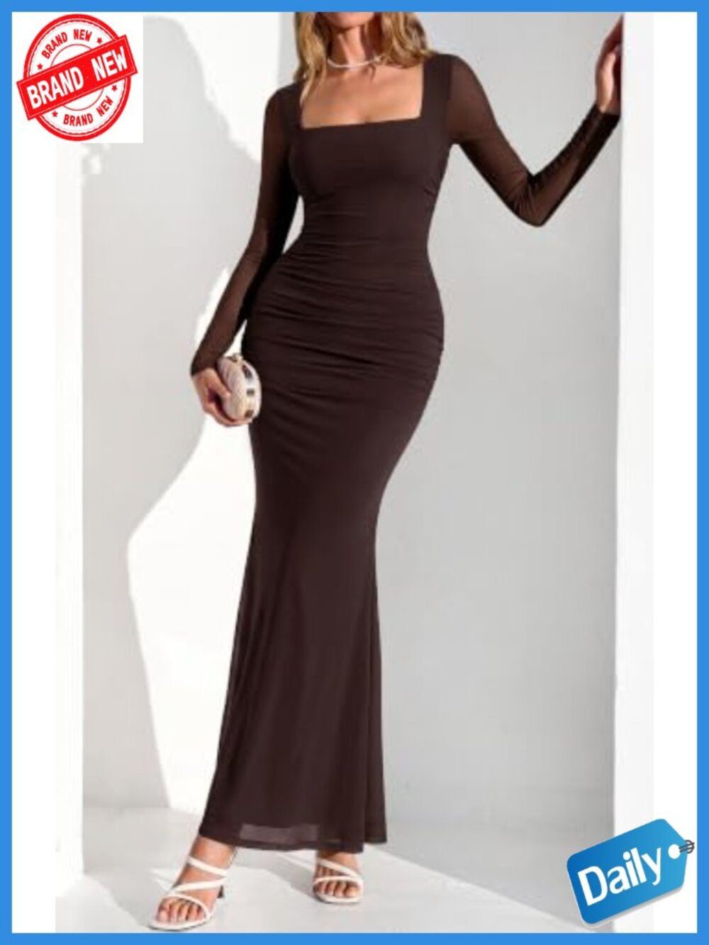 Long Sleeve Ruched Bodycon Maxi Dress Square Neck Women's Cocktail Party - Picture 5 of 6